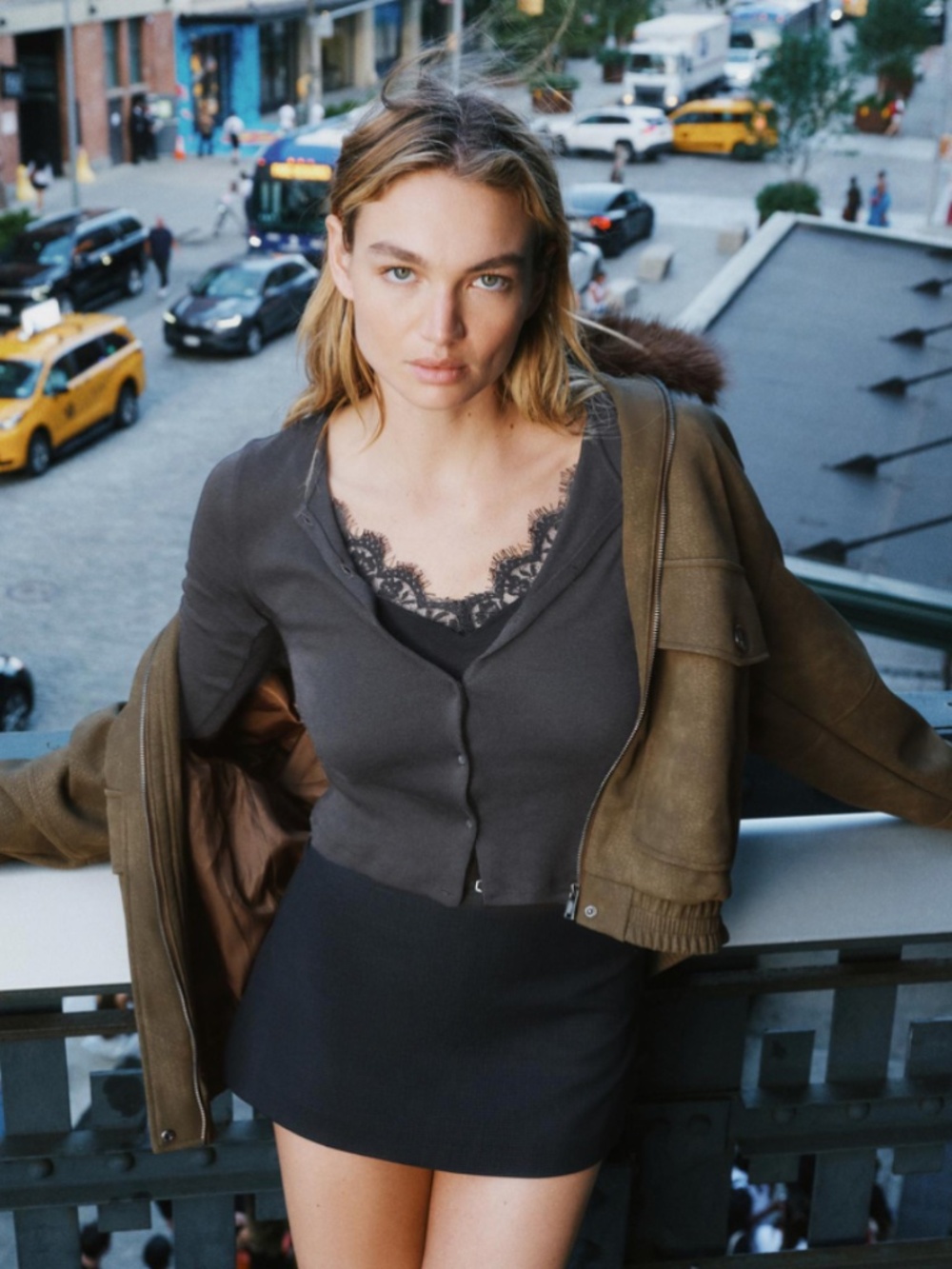 Zara LACE COMBINATION JACKET TOP CHARCOAL